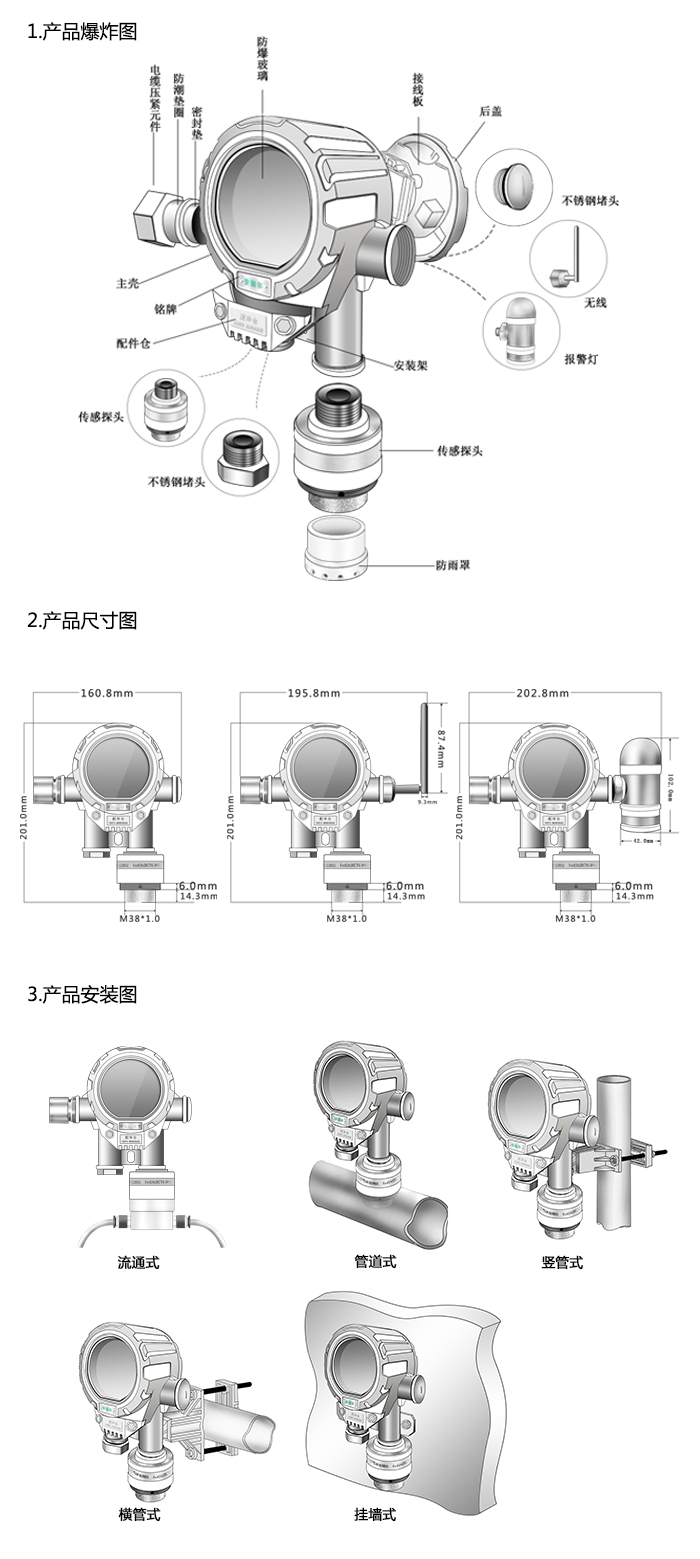機氣貓固定在線式1-3-二溴丙烷氣體檢測儀管道安裝型網絡版尺寸與安裝圖